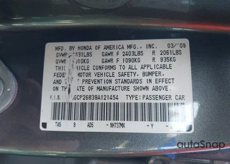 2009 Honda Accord 2.4 Ex-L from USA, damaged, VIN 1HGCP26839A121454